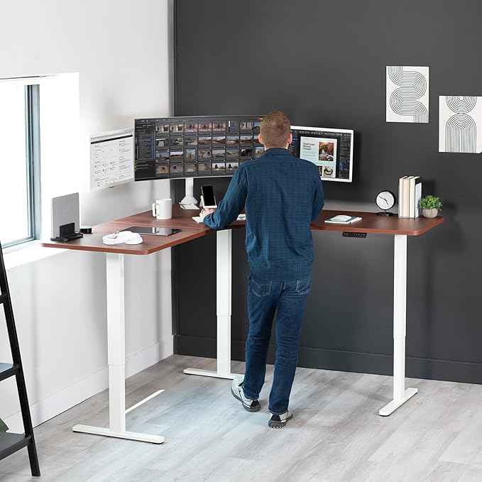 VIVO Electric Height Adjustable 71 x 71 inch Curved Corner Stand Up Desk Dark Walnut Table Top White Frame Memory Controller L-Shaped Workstation E3C Series DESK-KIT-E3CWD