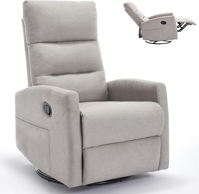 KEIKI Swivel Rocker Recliner Chair with Adjustable Backrest &amp Pockets Ergonomic Lounge Sofa Chair for Living Room Bedroom Khaki