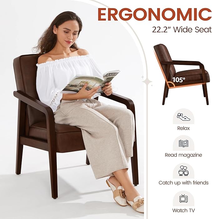 Yaheetech PU Leather Accent Chair Mid-Century Modern Barrel Chair with Wooden Frame and Soft Thick Padded for Living Room Bedroom Home Office Dark Brown