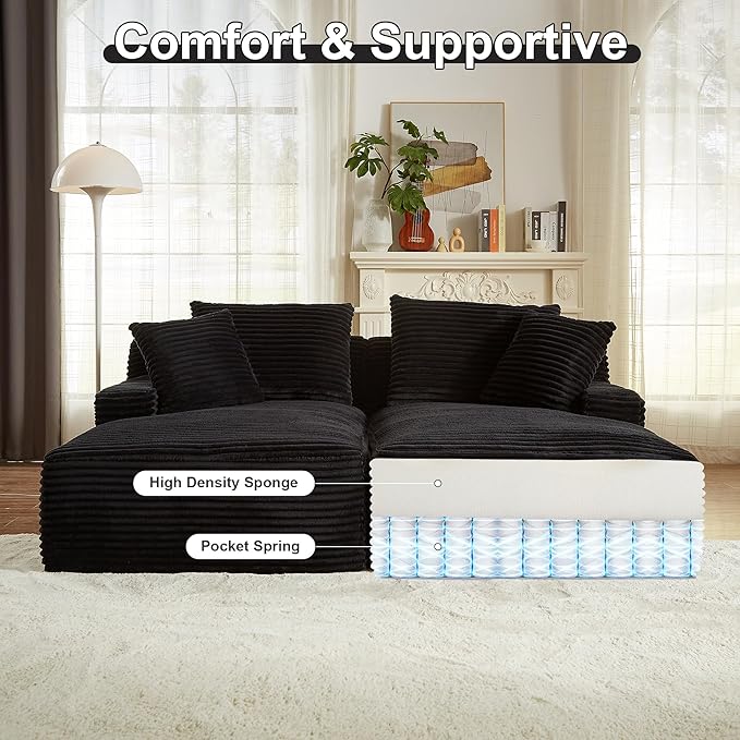 78” Oversized Double Chaise Lounge Indoor Corduroy Sleeper Sectional Couch Upholstered Boneless Cloud Sofa Deep Seat Comfy Plush Chair Bed for Living Room