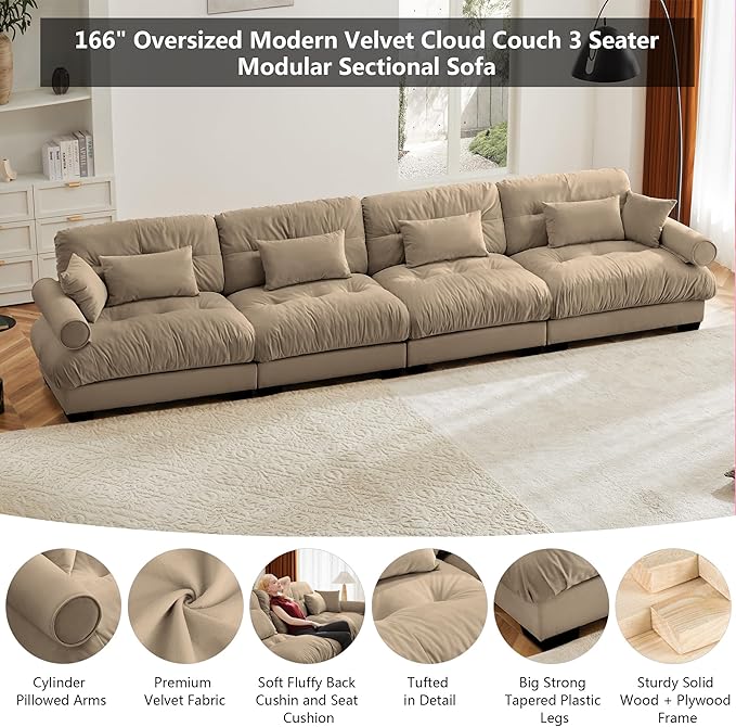 Aoowow Oversized 4 Seater Cloud Sofa Couch for Living RoomFluffy Velvet 4 Seat Cloud Couches with Deep SeatLarge Modular Sectional Sleeper Sofas with PillowsTufted(Velvet Camel 4 Seater)