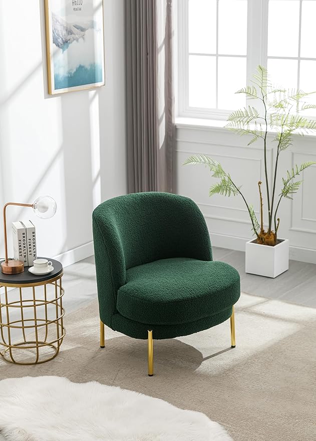 28.4 W Accent Chair Upholstered Curved Backrest Reading Chair Single Sofa Leisure Club Chair with Golden Adjustable Legs for Living Room Bedroom Dorm Room (Green Boucle)