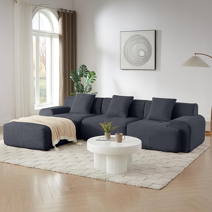 113 Cloud Compressed Modular Sectional Sofa Boneless Couch for Living Room Modern Corduroy Upholstered L-Shaped Corner Couch with Reversible Ottoman for Apartment | Deep Seat Wider Armrest Free Co