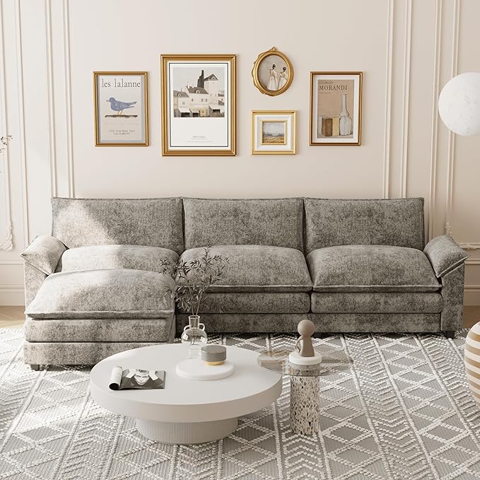 Shahoo Sectional Modular Sofa L Shaped Chenille Fabric Couch with High Supportive &amp Soft Sponges and Removable Ottoman Sleeper Comfy Upholstered Furniture for Living Room Grey