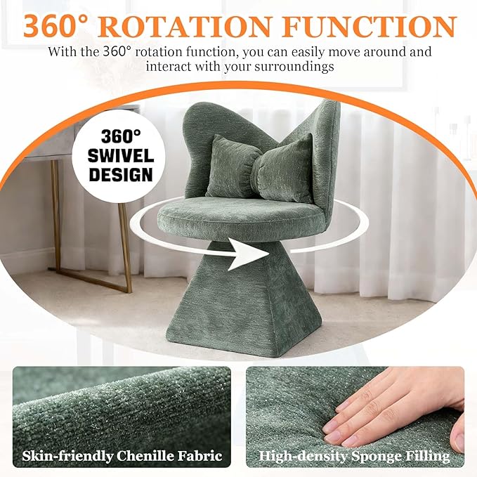 360° Swivel Vanity Chair with Back and PillowChenille Comfy Makeup Chairs for VanityGreen Modern Desk Chair No Wheels for BedroomLiving Room (Green)