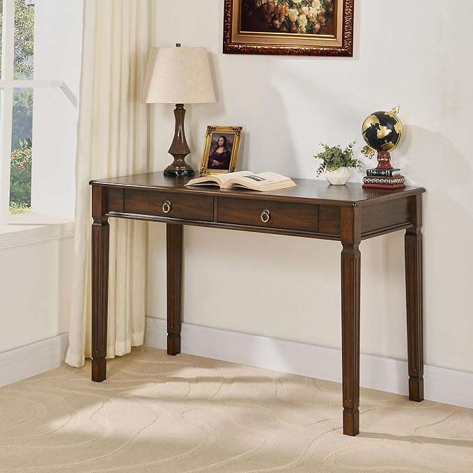 Solid Wood Makeup Vanity Table Set 46.1 Large Dressing Vanity Table with 2 Drawers and Vanity Bench Stool Writing Desk with Solid Wood Legs &amp Button Tufted Cushioned Stool Cherry&ampLight Brow