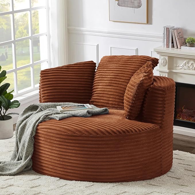 Round Chair Lounge Chaise Indoor 48.8 Oversized Sofa Chair Upholstered Corduroy Deep Seat Sleeper Sofa Bed No Assembly Required for Living Room Bedroom Apartment Orange