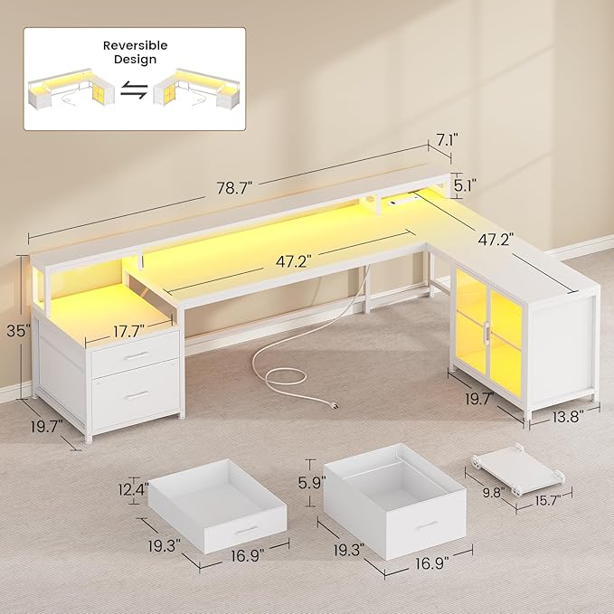 SEDETA 78.7” Large Gaming Computer Desk with Storage Drawers Reversible L Shaped Office Desk with Display Cabinet and Power Outlet Corner Gaming Desk with LED Lights for Home Office White