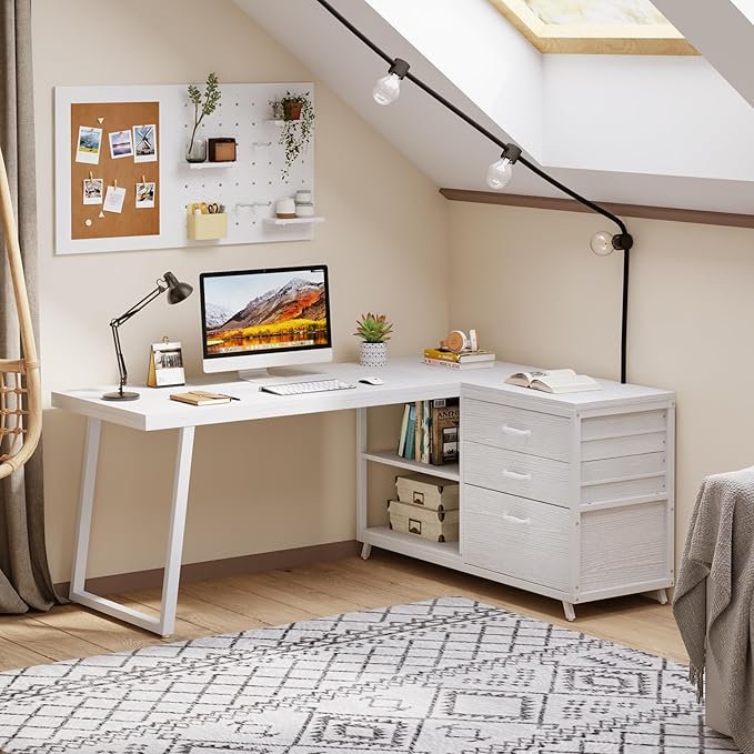 Tribesigns L-Shaped Computer Desk with 3 Drawers Reversible Corner Home Office Desk with Shelves 53-Inch Industrial PC Desk Study Writing Table Workstation for Small Space White