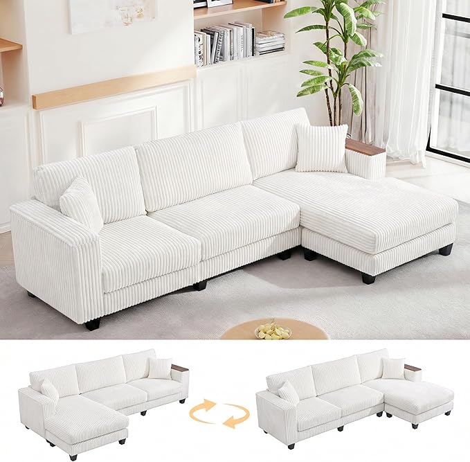 114 Cloud Sectional Couch with L-Shape Reversible Chaise Modern Corduroy L Shaped Couch with 2 Pillows &amp Storage Armrests 4 Seater Sectional Couches for Living Room Plush Corduroy White