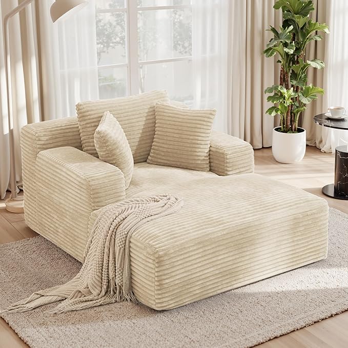 51'' Oversized Chaise Lounge Chair Indoor Non-Assembly Deep Seat Sofa Bed Corduroy Sleeper Cloud Boneless Couch with 2pcs Pillows for Reading Living Room-Khaki