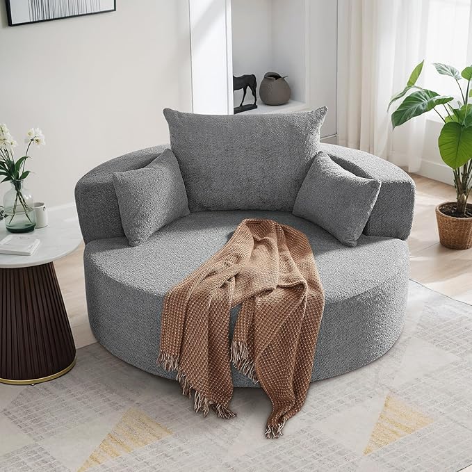 360° Swivel Barrel Chair - Oversized Round Sofa Chair and A Half with Removable Pillows Comfy Modern Upholstered Chenille Deep Seat Circle Chaise Lounge for Living Room Bedroom Office Hotel (Grey)