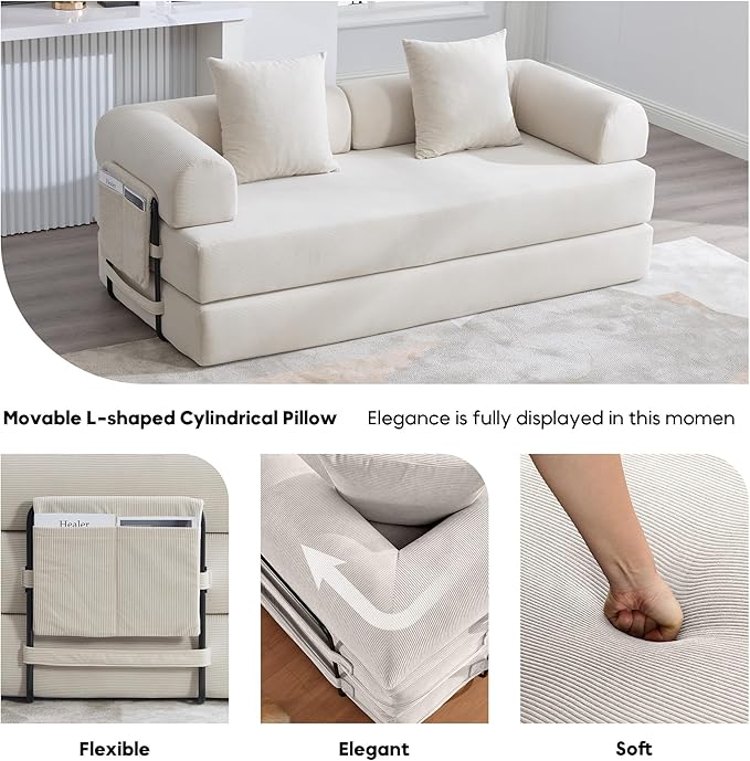 Convertible Sleeper Sofa Bed with Fixed-Shape Frame Modern Corduroy Folding Boneless Couch with 2 Pillows Comfy Floor Sofa Couch for Living Room No Assembly Required (Beige White)