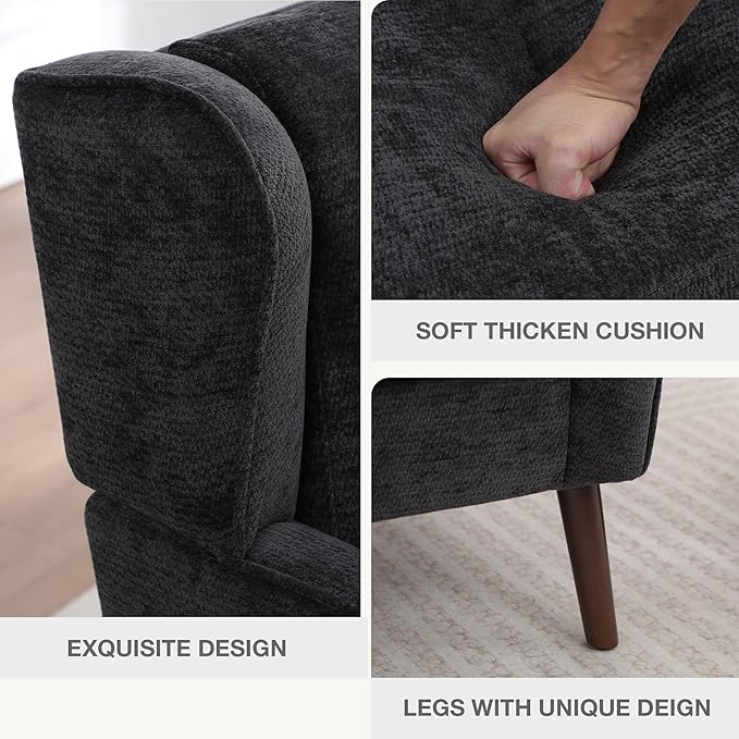 Accent Chair for Living RoomMid Century Modern Wingback Chair for BedroomUpholstered Armchair with Lounge Seat and Wood Legs for Office Apartment Small Room 2PCS Black