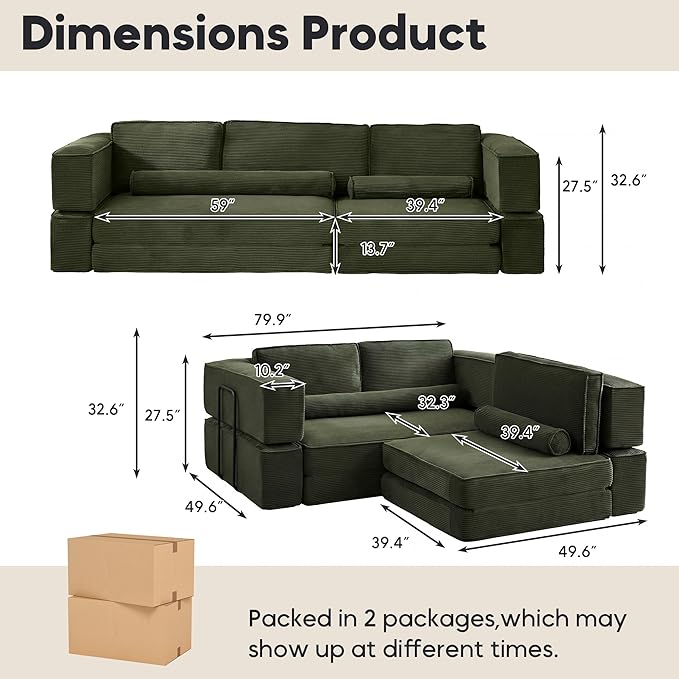 119 Modular Sofa Bed with High Backrest Pillows Corduroy Folding Convertible Floor Sofa Couch Bed with Fixed-Shape Frame Building Block Sofa for Parent-Child Castle Living Room Green