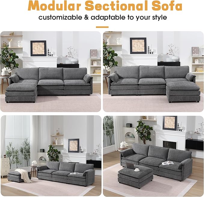 108 Cloud Sectional Couches for Living Room Convertible L Shaped Modular Sectional Sofa with Movable Ottoman 3-Seat Chenille Cloud Couch with Deep Seat for Bedroom Apartment Dark Gray