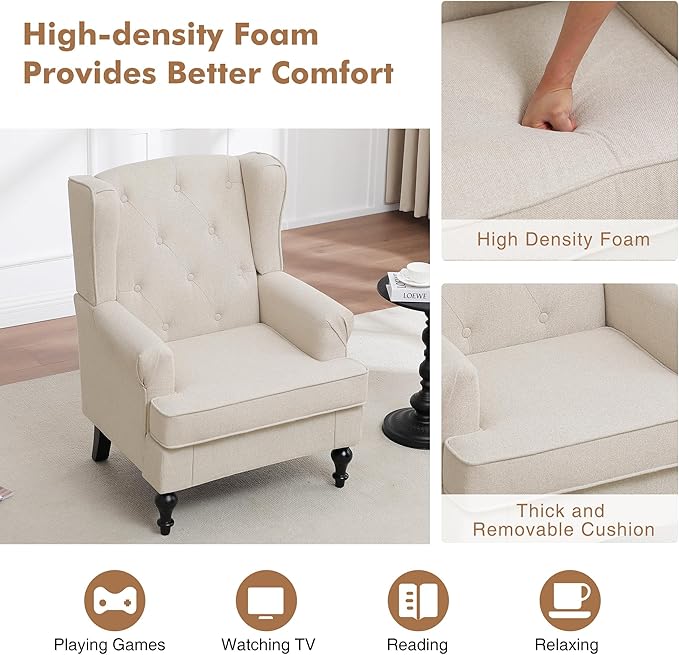 Accent Chair for Living Room Mid Century Modern Upholstered Armchair Wingback Chair with Tufted High Back and Solid Legs Comfy Single Sofa Side Chairs for Bedroom Khaki