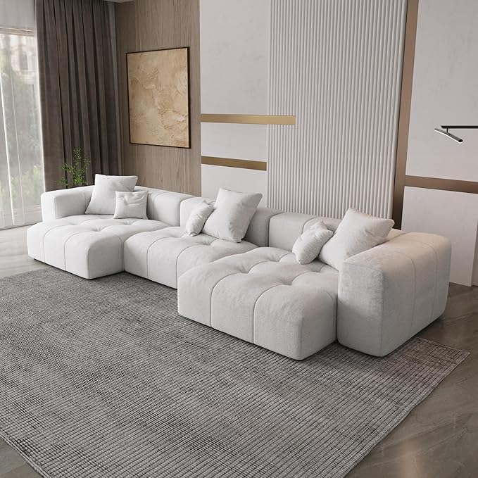 WJShome 144 Sectional Couches for Living RoomModular Sectional Sofa U Shaped Couch Linen Deep Seat Cloud Couches with Pillow for Living RoomWhite