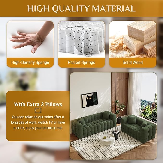 2 Piece Boucle Sofa Couch Set Comfy Upholstered Sherpa Deep Seat Cloud Couch and Loveseat Modern Tufted 3 Seater and 2 Seater Love Seat Sofa for Living Room Apartment Olive Green