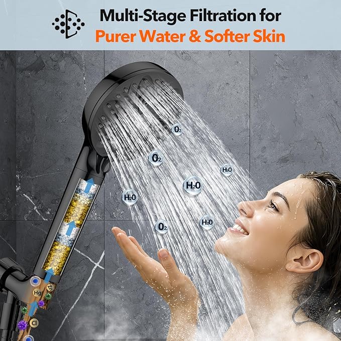6-Setting Filtered Handheld Shower Head JDO High Pressure Shower Head with Replaceable Filter Cartridge 4.7 Inch Detachable Showerhead for Chlorine Hard Water Removal 59 Inch Stainless Steel Hose