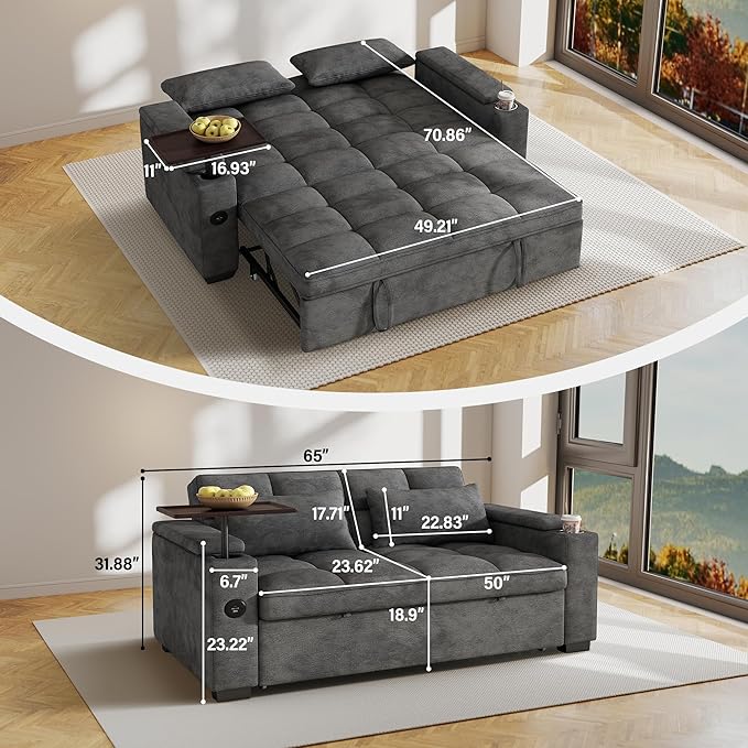 65'' Sleeper Sofa with Pull Out Bed 3 in 1 Convertible Sofa with Cup Holder and Storage Armrests Chenille Loveseat with Swivel Table Adjustable Backrest &amp Charging Ports for Living Room Grey