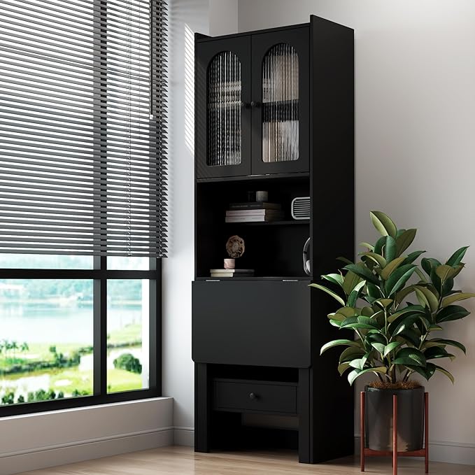 Fold-Out Convertible Writing Table Foldable Desk Cabinet with Shelf &amp Drawer Multi-Function Fold Out Desk &amp Bookshelf for Home Office Study Room(Black)