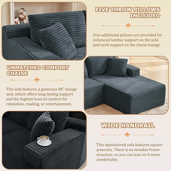 Cloud Sectional Couch Modern Modular Sectional Sofa with Deep Seat Corduroy Boneless Couches with L-Shape Chaise for Living Room Bedroom No Assembly Required (Dark Grey Left Facing Chaise Sofa)