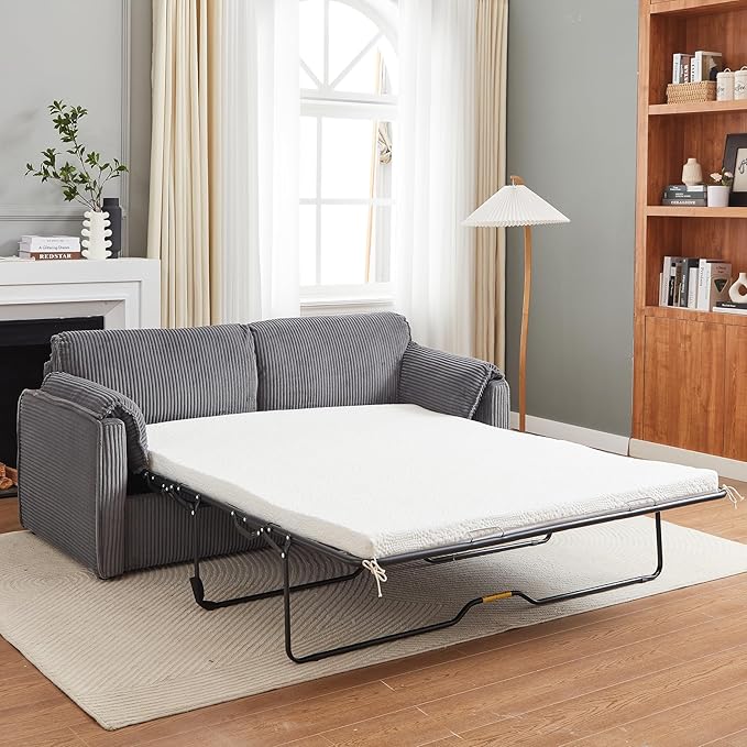 Pull Out Sofa Bed Corduroy Queen Sleeper Sofa Couch with Foam Mattress Large Sleeper Pullout Couch Bed for Living Room Office Queen Size (Grey)
