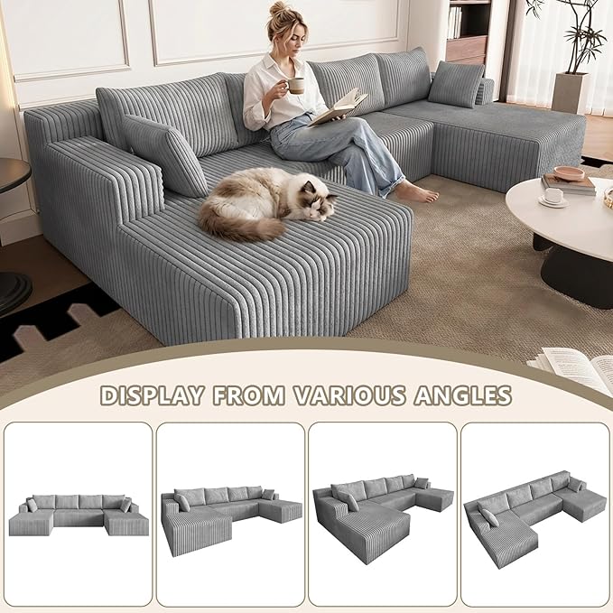 124 U Shaped Cloud Couch Sectional Corduroy Upholstered 4-Seater Cloud Couches for Living Room Deep Seat Modular Boneless Sofa with Lounge Chaise No Assembly Required Light Grey