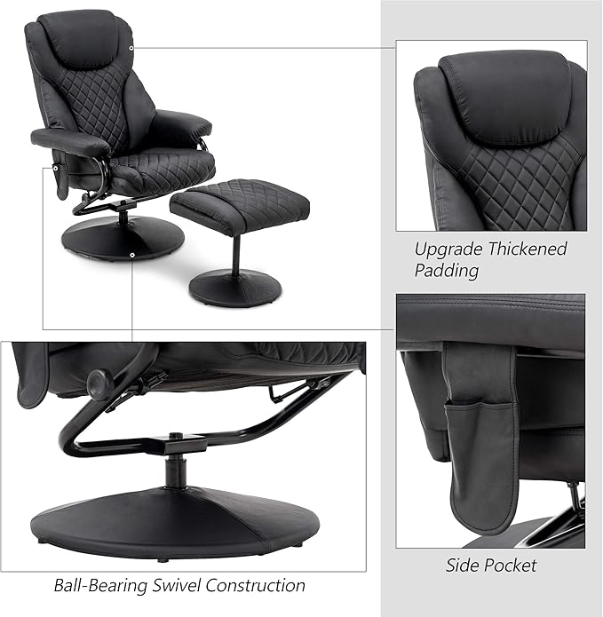 MCombo Recliner with Ottoman Reclining Chair with Massage 360 Swivel Living Room Chair Faux Leather 4901 (Black)