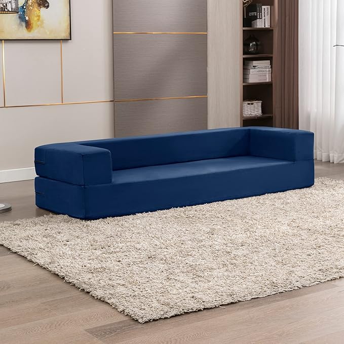 CECER 80 Convertible Floor Sofa BedFolding Sofa Bed with 3 OttomansVelvet Modular Sectional Futon SleeperFoldable Memory Foam Couch for Living Room/Guest Room/Playroom（Blue）
