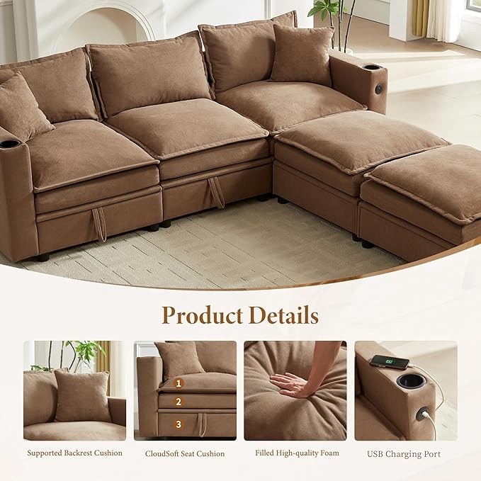 92 U-Shaped Sectional Couch for Living Room Cloud Modular Sofa with Large Storage Ottoman 5-Seat Fluffy Chenille Couch for Bedroom Brown