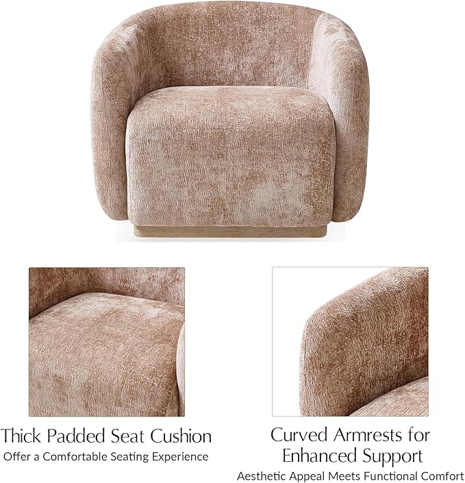 HULALA HOME Swivel Accent Chair with Solid Wood Base Chenille Curved Swivel Barrel Chair Modern Club Armchair Upholstered Single Sofa for Living Room No Assembly Required Sand