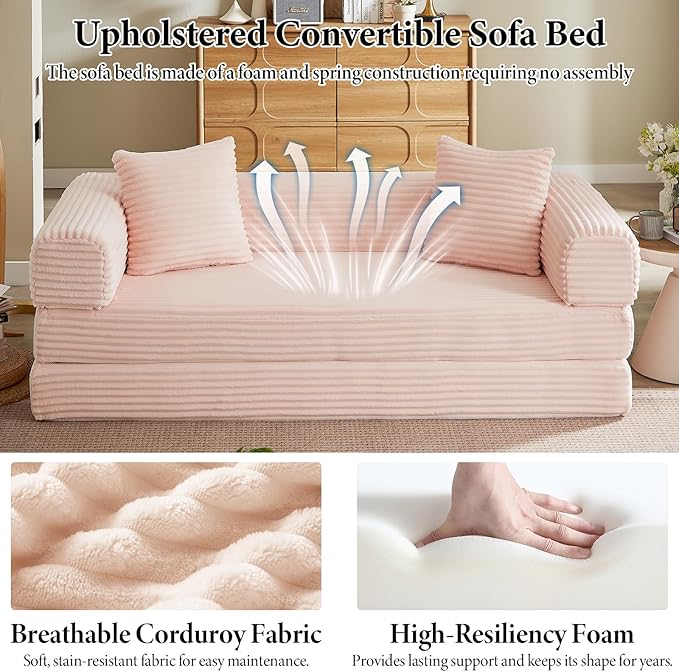 Folding Convertible Sleeper Sofa Bed Corduroy Upholstered Boneless Couch with Pillows Modular Floor Sofa Compression Couch for Living Room No Assembly Required (Pink)