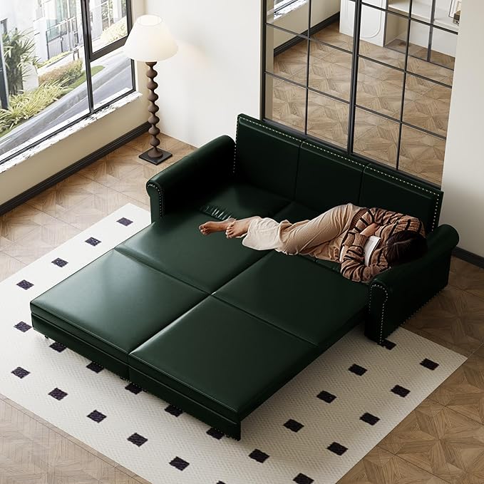 KEIKI 94 Faux Leather Chesterfield Sofa Rolled Arm 3 Seater Pull-Out Sofa Bed King-Sized Sleeper Sofa Upholstered Faux Leather Couch for Living Room Forest Green