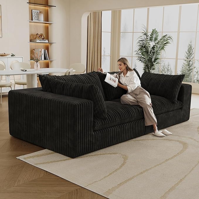 78.8 Modular Cloud Loveseat Couch Corduroy Boneless Couch with Foam &amp Removable Cushion Modern Lounge Sofa in a Box No Assembly Required Upholstered Sofa for Living Room (Black)