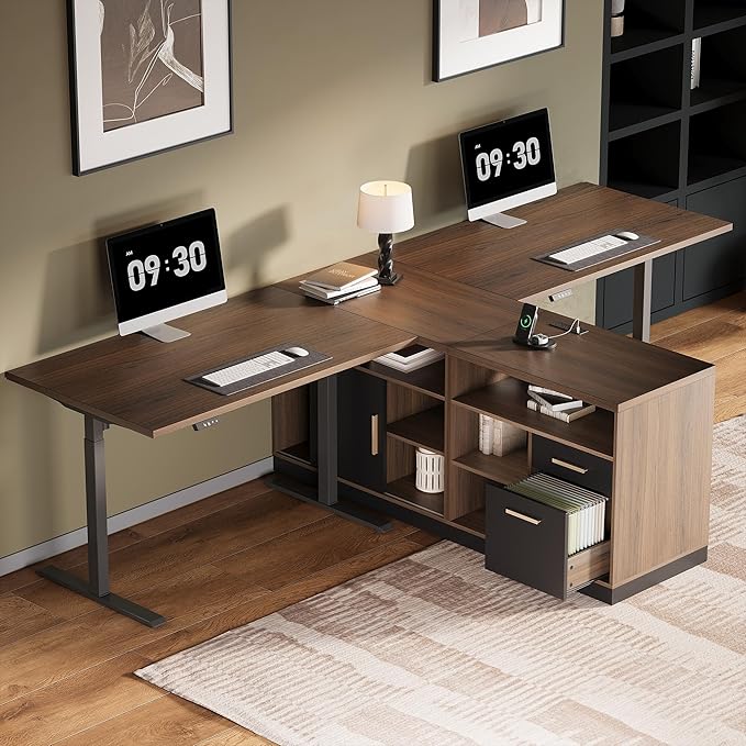 Home Office Furniture Set 114 Standing Desk with 2 File Cabinets AC/USB Extra Long Double Desk for 2 Person Electric Height Adjustable for Home and Office Black Walnut