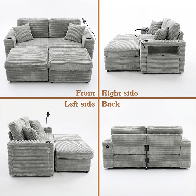 Double Chaise Lounge Chair Indoor Oversized Loveseat with Ottoman Storage USB Charging Cup Holders Phone Stand LED Corduroy Couch (Grey)