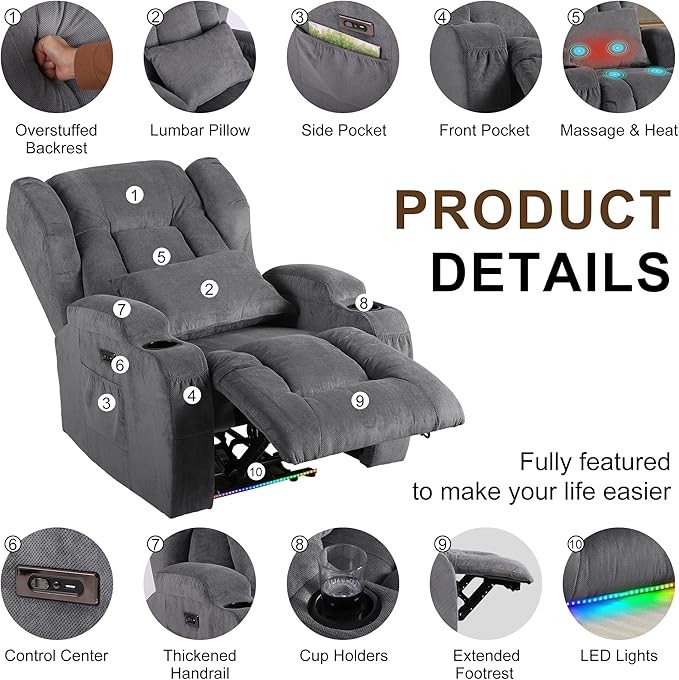 DRMBOOK Power Recliner Chair Electric Wall Hugger Reclining Sofa with Massage &amp Heat Overstuffed Theater Seating with LED/USB Port/Cup Holders for Living Room (Linen Grey 1 Chair with Console)