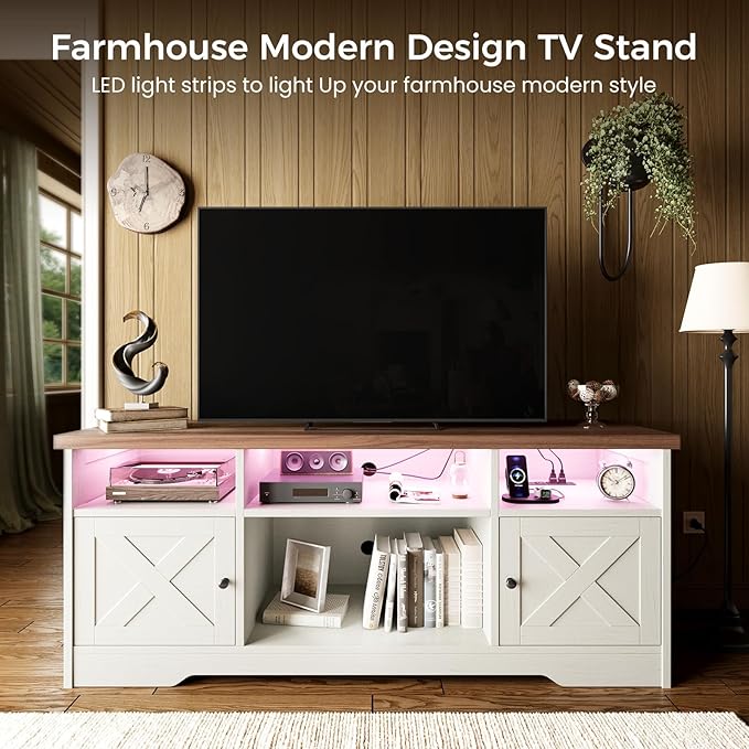 Casaottima TV Stand for 65 Inch TV Farmhouse Entertainment Center with Power Outlet &amp LED Light and Storage Cabinets Console Table and Media Furniture for Living Room Bedroom White