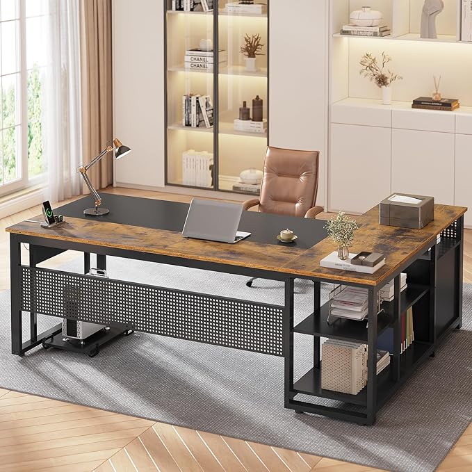 71 in Executive Desk with Power Outlets Reversible L Shaped Desk with File Drawers &amp Storage Shelves Large Office Desk Computer Desk with Pegboard Mobile CPU Stand Modern Corner Desk
