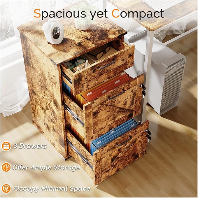 VINGLI 3 Drawer File Cabinet with Lock Home Office Filing Organizer for Letter Size File Folder Storage Modern Farmhouse Style Wood Vertical Filing Cabinet Archivador (Rustic Brown)