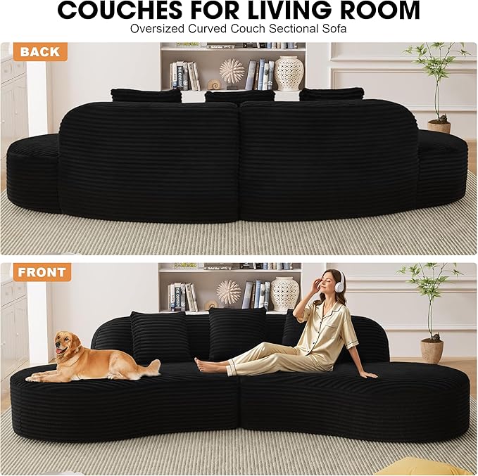 123'' Oversized Curved Sectional Sofa Minimalist Boneless Couches for Living Room with Round Deep Seat 4 Seat Luxury Modern Cloud Couch with Corduroy Fabric No Assembly Black