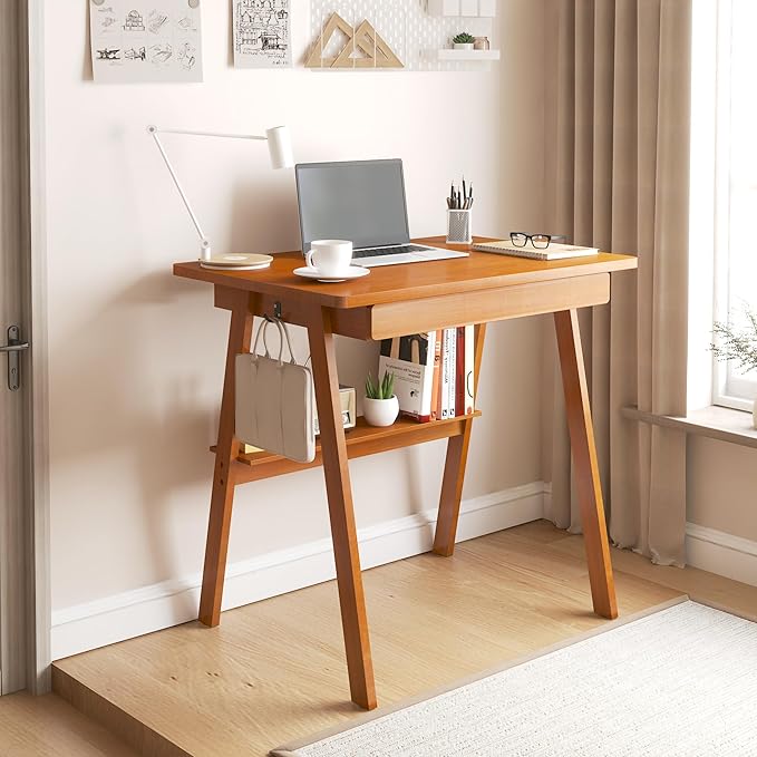 Solid Wood Desk with Drawers - 31.5 Inch Mid Century Modern Desks with Storage Shelf Small Writing Desk for Small Spaces Home Office Desks for Bedroom &amp Home Walnut Color