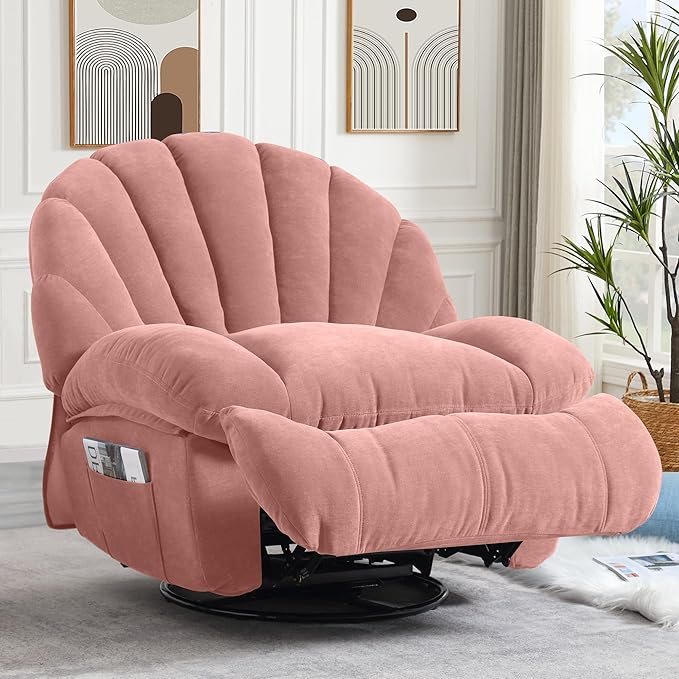 Swivel Rocker Recliner Chair – Shell Shape Manual Big Tall Single 360° Swivel Reclining Sofa with Storage Pockets | Small Space-Friendly for Living Room/Bedroom (NO Massage &amp Heat Pink)