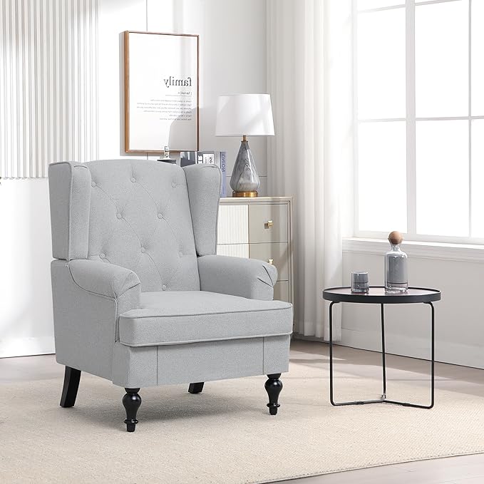 Accent Chair for Living Room Mid Century Modern Upholstered Armchair Wingback Chair with Tufted High Back and Solid Legs Comfy Single Sofa Side Chairs for Bedroom Light Grey