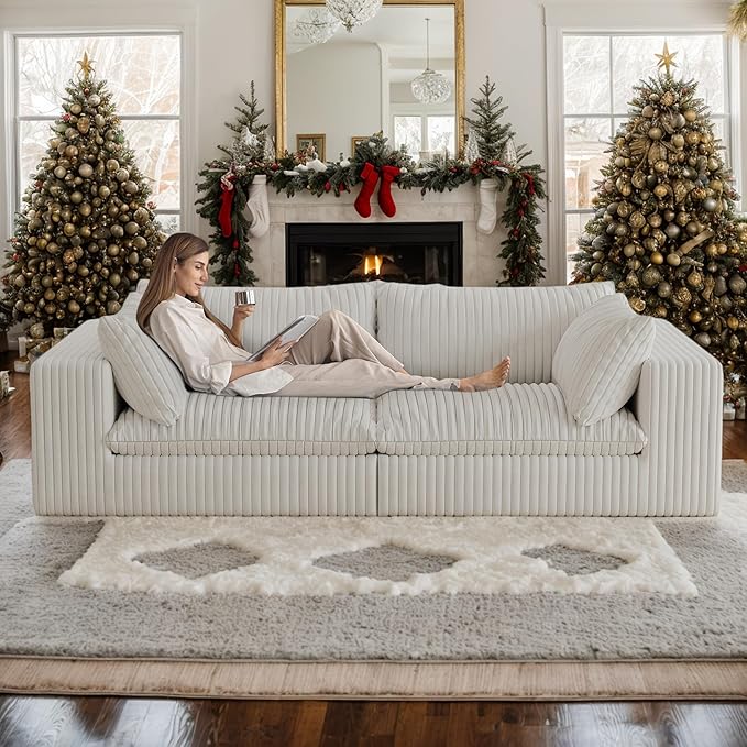 78.8 Modular Cloud Loveseat Couch Corduroy Boneless Couch with Foam &amp Removable Cushion Modern Lounge Sofa in a Box No Assembly Required Upholstered Sofa for Living Room (White)