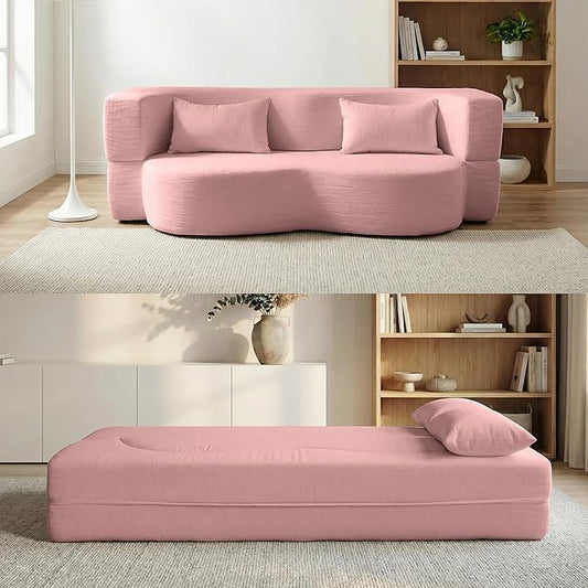 2-in-1 Folding Convertible Sofa Bed - 78 Inch Boneless Teddy Loveseat Sleeper Foldable Floor Futon Couch with Pillow Pull-Out Modular Matress for Small Spaces (Living Room/Bedroom/Dorm) (Pink)