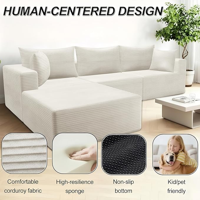101 Modular Sectional Sofa L Shaped Boneless Couch with Moveable Ottoman Memory Foam Cloud Sectional Couch for Living Room or Apartment (White)