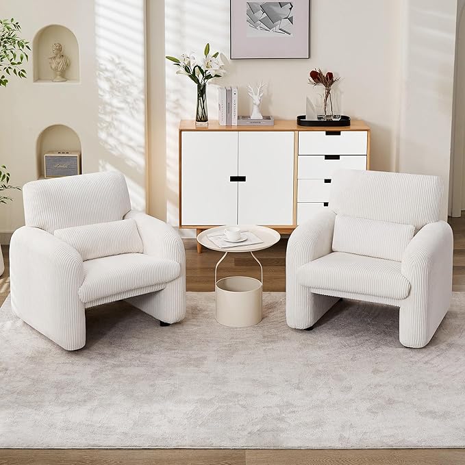 Modern Accent Chairs Set of 2 Comfy Upholstered Corduroy Armchair Stylish Lounge Reading Chair for Living Room Bedroom Beige